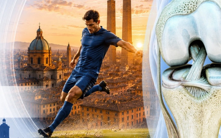 A footballer mid-kick above the rooftops of Bologna, beside a render of the knee